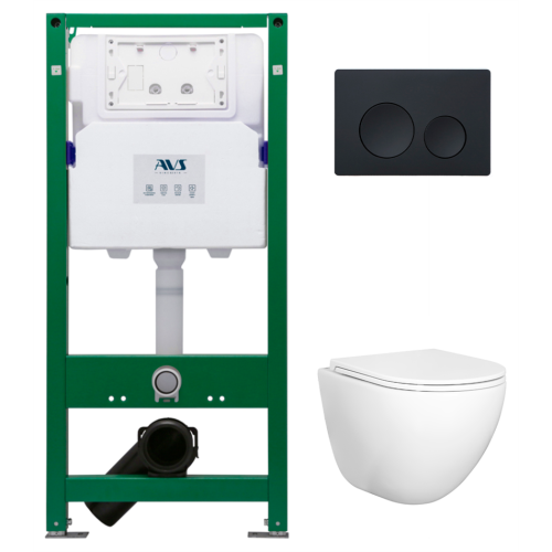 Комплект AVS 3в1: Инсталляция для унитаза 809-0006-7732C + Унитаз подвесной 801-0045-P-T2-GW + Клавиша смыва 809-0012-MB черная, круглые кнопки