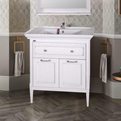 Тумба с раковиной ASB Wood Line Гранда 85 белая, патина серебро