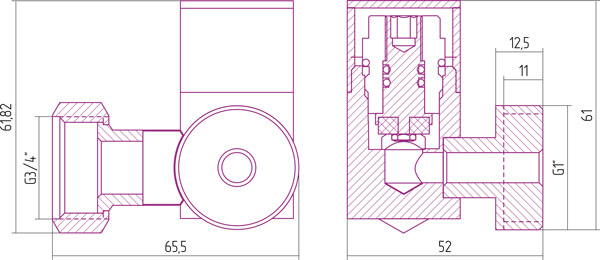 00-1302-0134 Вентиль 3D левый под шестигранник 1"ш-3/4"г