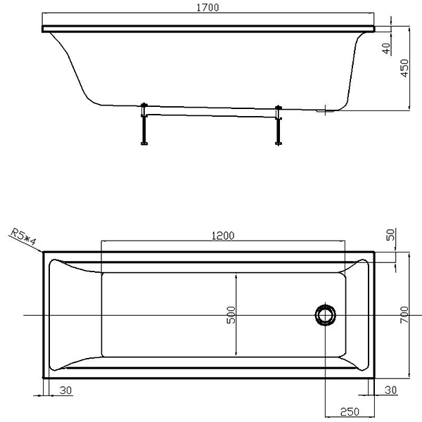 Акриловая ванна Aquatek Лайма 170x70 белая, без каркаса
