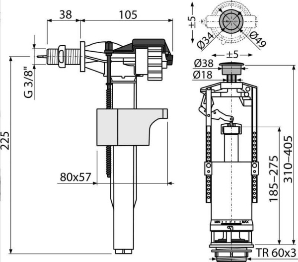 Арматура для унитаза 3/8 стоп кнопка металл Alcaplast SA2000K